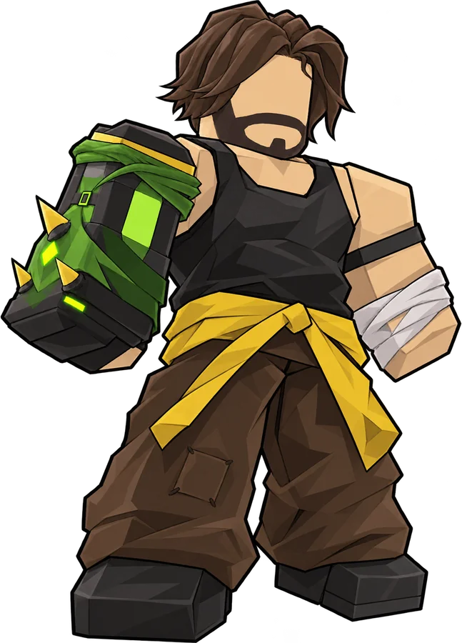 A rugged character with a glowing green device on his arm