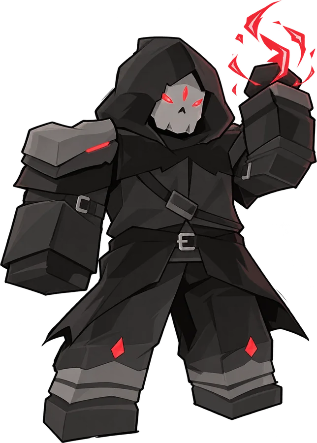A hooded skull-faced character with red accents